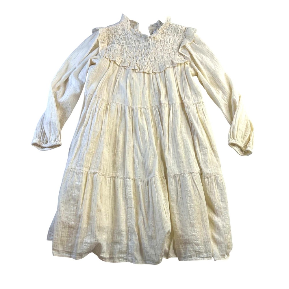 Zara Kids Girls Cream Gold Metallic Pinstripe Smocked Tiered Ruffle Dress Size 9